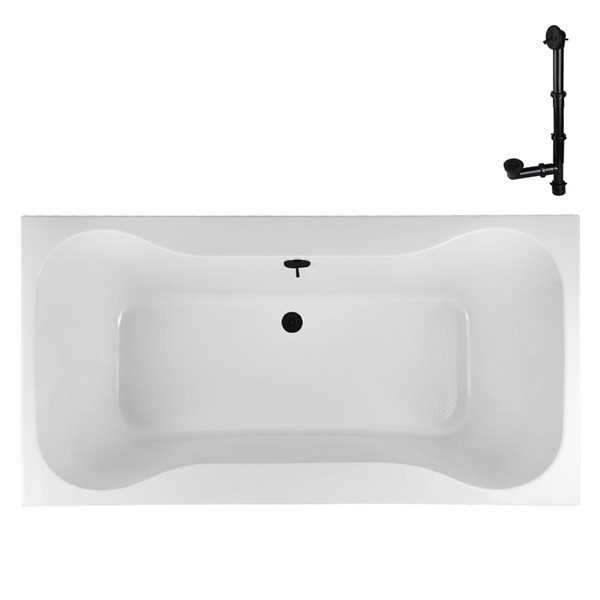Streamline 66-in x 34-in Glossy White Acrylic Soaking Drop-In Bathtub with Matte Black External Drain