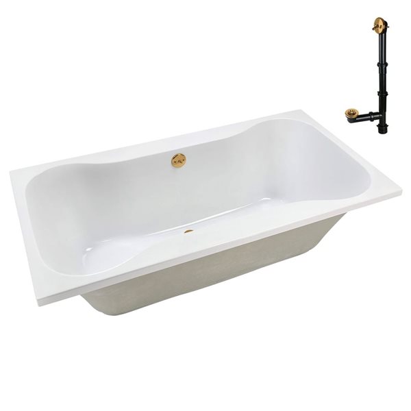 Streamline 66-in x 34-in Glossy White Acrylic Soaking Drop-In Bathtub with Brushed Gold External Drain