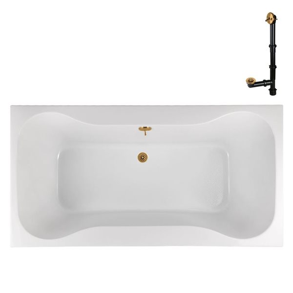 Streamline 66-in x 34-in Glossy White Acrylic Soaking Drop-In Bathtub with Brushed Gold External Drain
