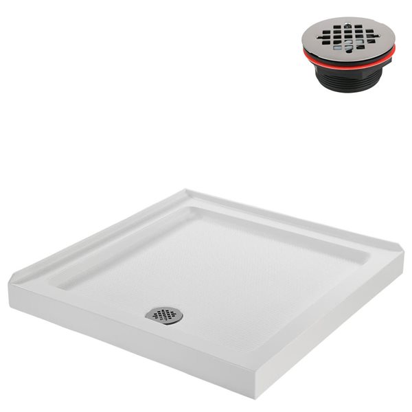 Base de douche d'angle Streamline en acrylique 36 po x 36 po blanc brillant avec drain à gauche et drain ABS inclus