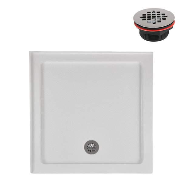 Base de douche d'angle Streamline en acrylique 36 po x 36 po blanc brillant avec drain à gauche et drain ABS inclus