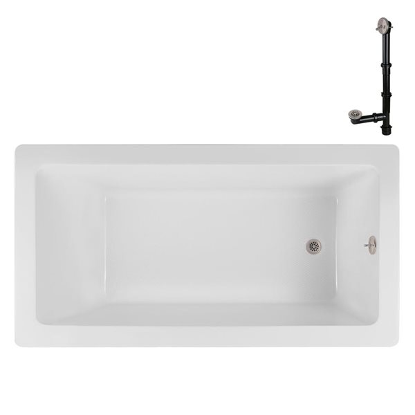 Streamline 60 x 32-in Acrylic Soaking Drop-In Bathtub, Glossy White w/ External Drain in Brushed Nickel