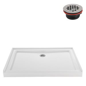 Base de douche en alcôve Streamline en acrylique 48 po x 36 po blanc brillant avec drain central et drain ABS inclus