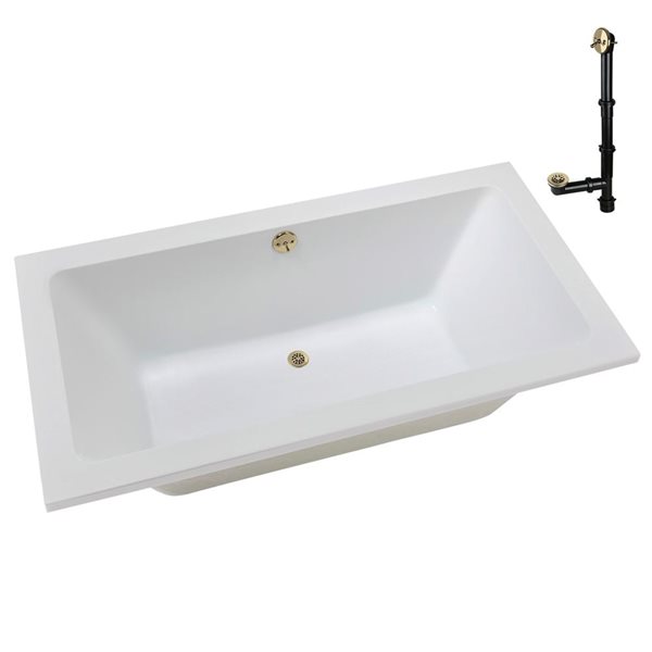 Streamline 72 x 36-in Acrylic Soaking Drop-In Bathtub, Glossy White w/ External Reversible Drain, Polished Brass