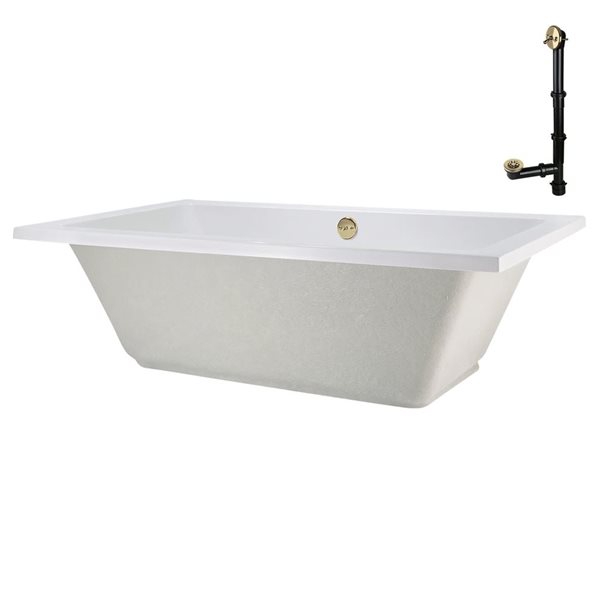 Streamline 72 x 36-in Acrylic Soaking Drop-In Bathtub, Glossy White w/ External Reversible Drain, Polished Brass