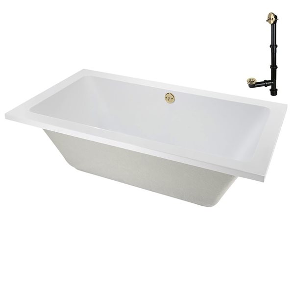 Streamline 72 x 36-in Acrylic Soaking Drop-In Bathtub, Glossy White w/ External Reversible Drain, Polished Brass