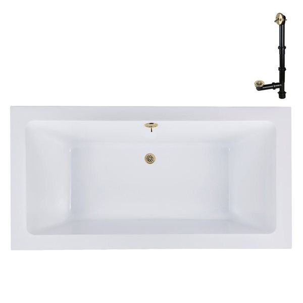 Baignoire à encastrer Streamline 72 x 36 po en acrylique blanc brillant et drain externe réversible en laiton poli