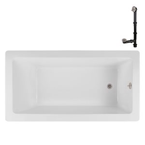 Baignoire à encastrer Streamline 72 x 36 po en acrylique blanc lustré et drain externe en nickel brossé