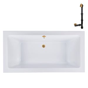 Streamline 60 x 32 x 22.8-in Acrylic Soaking Drop-In Bathtub, Glossy White w/ External Reversible Drain, Brushed Gold