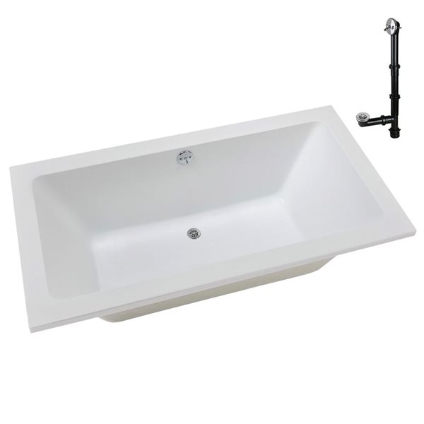 Streamline 72 x 36-in Acrylic Soaking Drop-In Bathtub, Glossy White w/ External Reversible Drain, Polished Chrome