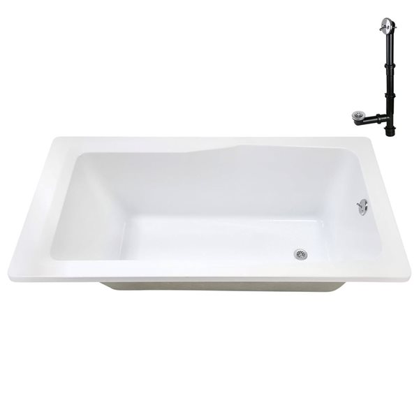 Streamline 60 x 32-in Acrylic Soaking Drop-In Glossy White Bathtub w/ External Drain, Polished Chrome
