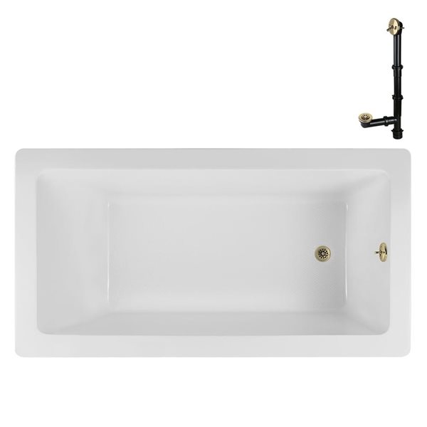 Baignoire à encastrer Streamline 72 x 36 po en acrylique blanc brillant et drain externe en laiton poli