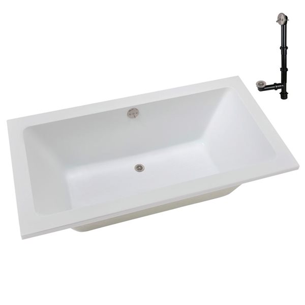 Streamline 72 x 36 x 22.8-in Acrylic Soaking Drop-In Bathtub, Glossy White w/ External Drain, Brushed Nickel