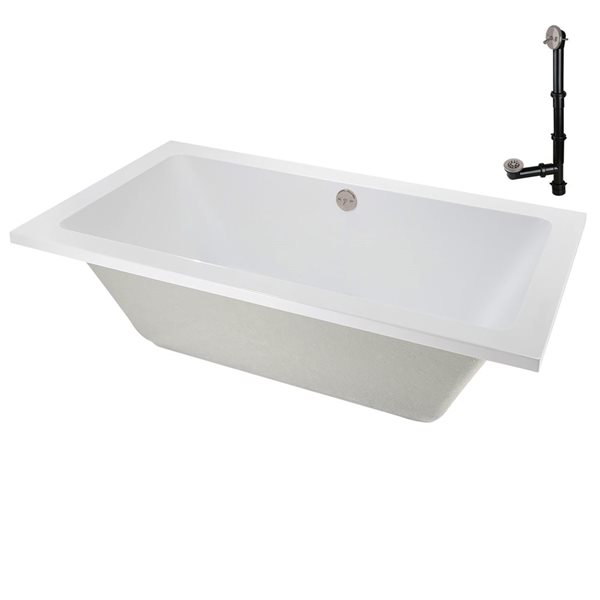 Streamline 72 x 36 x 22.8-in Acrylic Soaking Drop-In Bathtub, Glossy White w/ External Drain, Brushed Nickel