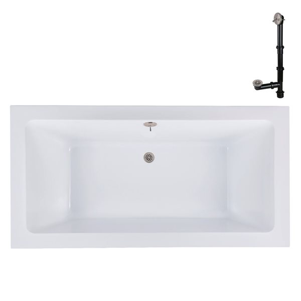 Streamline 72 x 36 x 22.8-in Acrylic Soaking Drop-In Bathtub, Glossy White w/ External Drain, Brushed Nickel