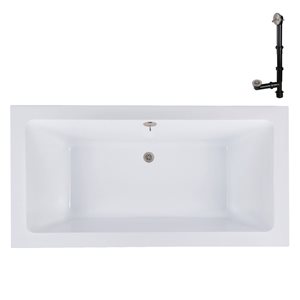 Bain encastré en acrylique Streamline 72 x 36 x 22,8 po blanc brillant et drain externe réversible en nickel brossé