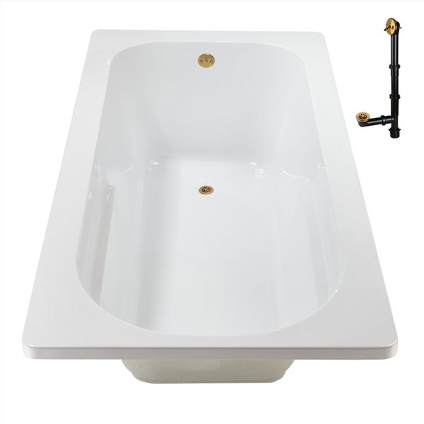 Streamline 60 x 32-in Acrylic Soaking Drop-In Bathtub, Glossy White w/ External Reversible Drain, Brushed Gold