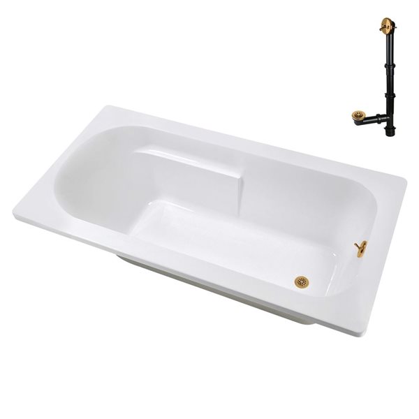 Streamline 60 x 32-in Acrylic Soaking Drop-In Bathtub, Glossy White w/ External Reversible Drain, Brushed Gold