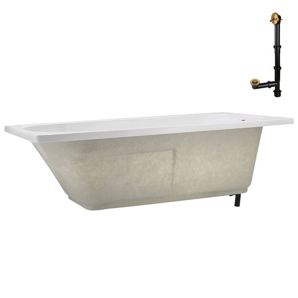Streamline 60 x 32-in Acrylic Soaking Drop-In Bathtub, Glossy White w/ External Reversible Drain, Brushed Gold