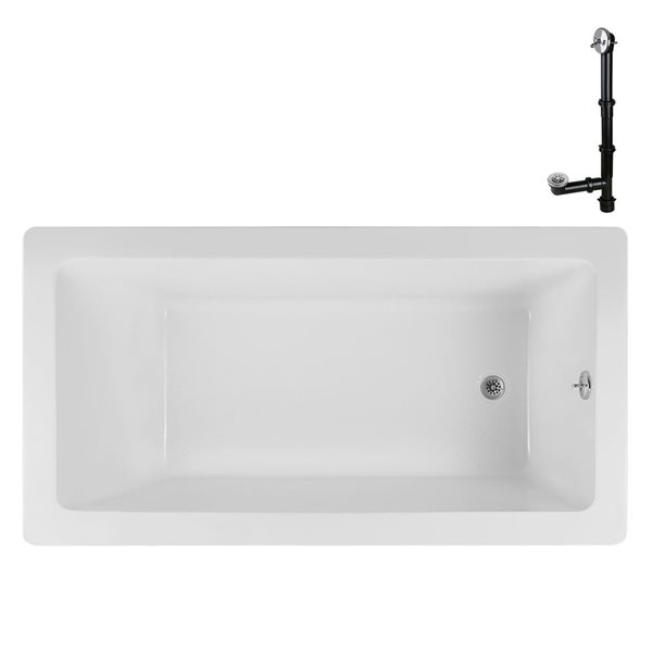 Baignoire à encastrer en acrylique Streamline 72 x 36 x 22,8 po blanc brillant et drain externe chromé brillant