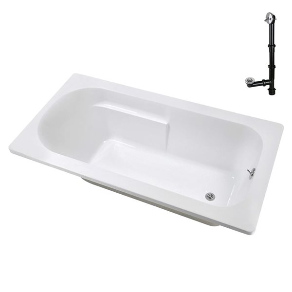 Streamline 72 x 36 x 22.8-in Acrylic Soaking Drop-In Glossy White Bathtub w/ External Drain, Polished Chrome