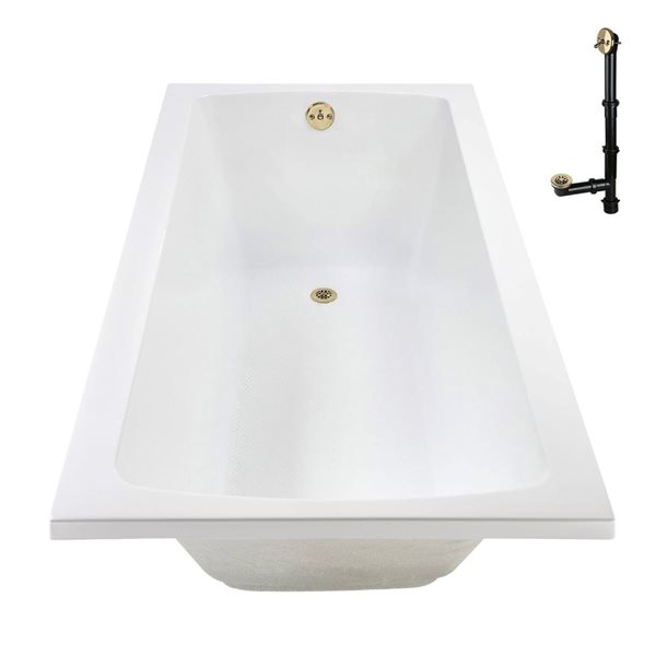 Streamline 72 x 36-in Acrylic Soaking Drop-In Glossy White Bathtub w/ External Drain in Polished Brass