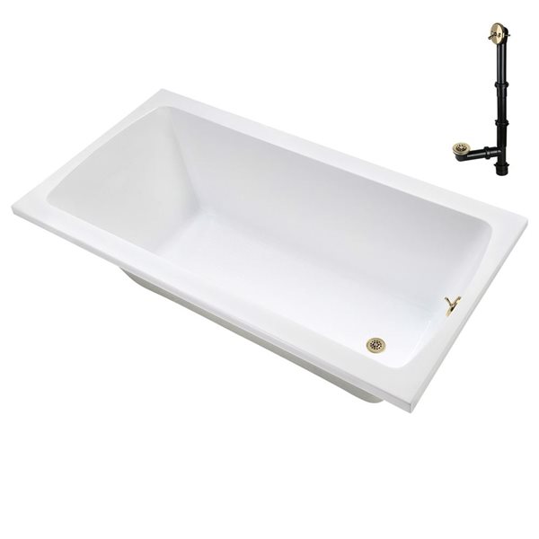 Streamline 72 x 36-in Acrylic Soaking Drop-In Glossy White Bathtub w/ External Drain in Polished Brass