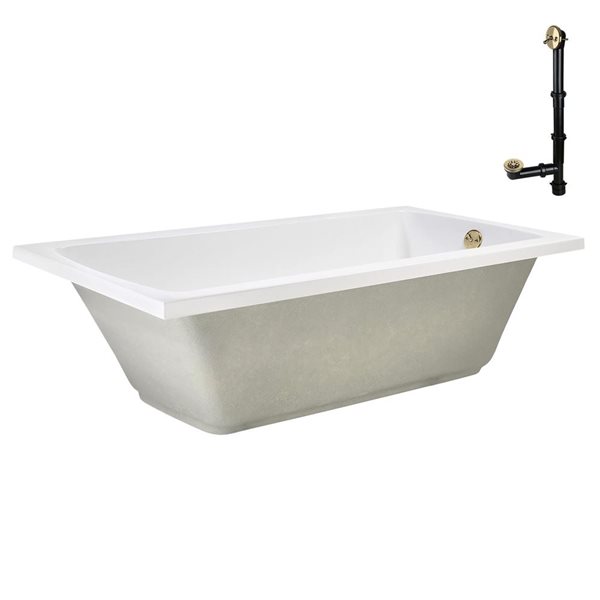 Streamline 72 x 36-in Acrylic Soaking Drop-In Glossy White Bathtub w/ External Drain in Polished Brass