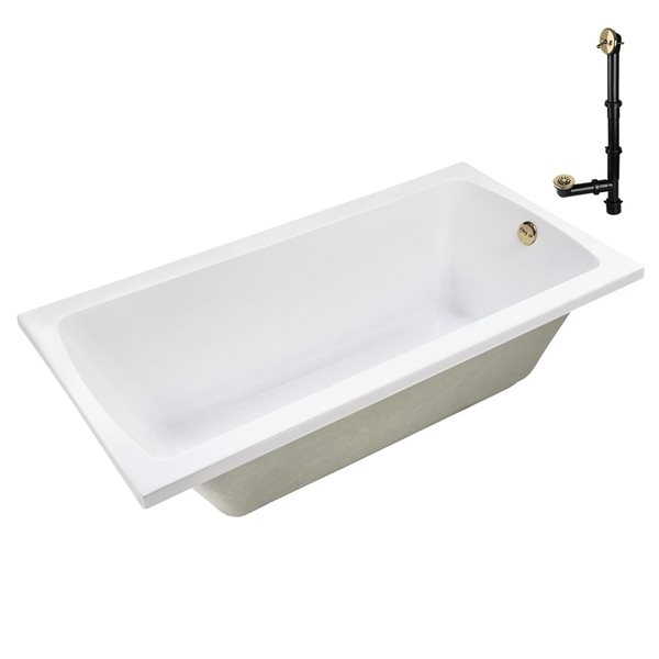 Streamline 72 x 36-in Acrylic Soaking Drop-In Glossy White Bathtub w/ External Drain in Polished Brass