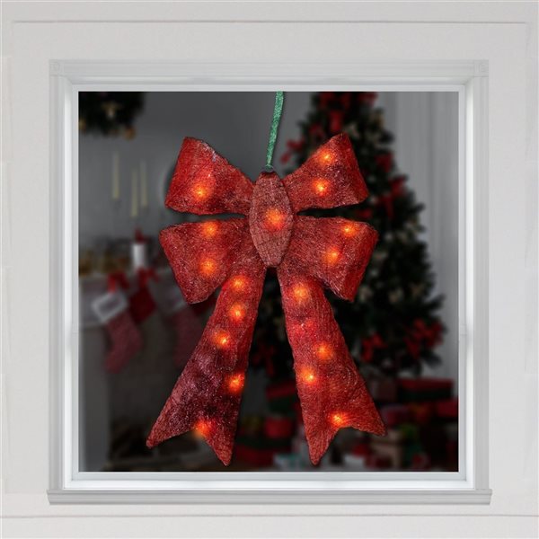 23-in Lighted Sparkling Red Sisal Double Bow Outdoor Christmas Decoration