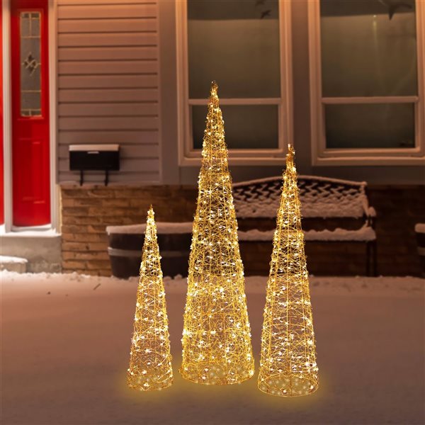 Set of 3 LED Twinkle Lighted Copper Mesh Cone Trees Outdoor Christmas Decoration 39.5-in