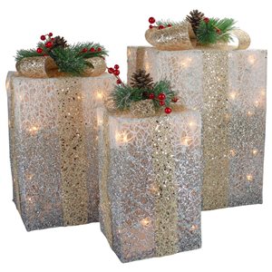 Set of 3 Silver Mesh Glittered Gift Boxes Outdoor Decorations