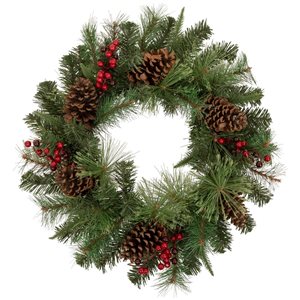Pre-Lit Battery Operated Mixed Pine and Berries Christmas Wreath - 24-in - Warm White LED Lights