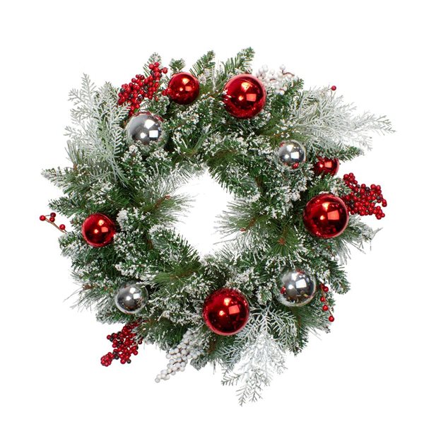 Flocked Mixed Pine with Ornaments and Berries Artificial Christmas Wreath - 24-in - Unlit