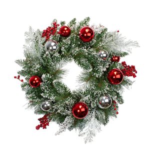 Flocked Mixed Pine with Ornaments and Berries Artificial Christmas Wreath - 24-in - Unlit