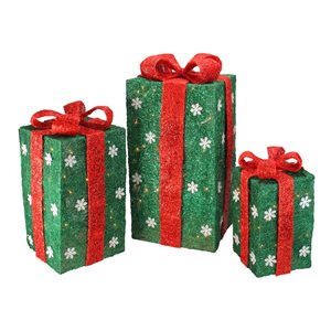 Set of 3 Lighted Tall Green Gift Boxes with Red Bows Christmas Outdoor Decorations 18-in