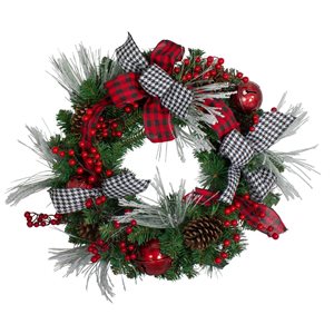 Plaid and Houndstooth and Red Berries Artificial Christmas Wreath - 24-in - Unlit