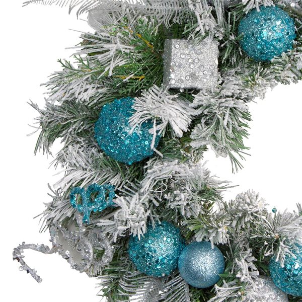 Flocked Pine with Teal and Silver Ornaments Artificial Christmas Wreath - 24-in - Unlit