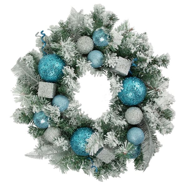 Flocked Pine with Teal and Silver Ornaments Artificial Christmas Wreath - 24-in - Unlit