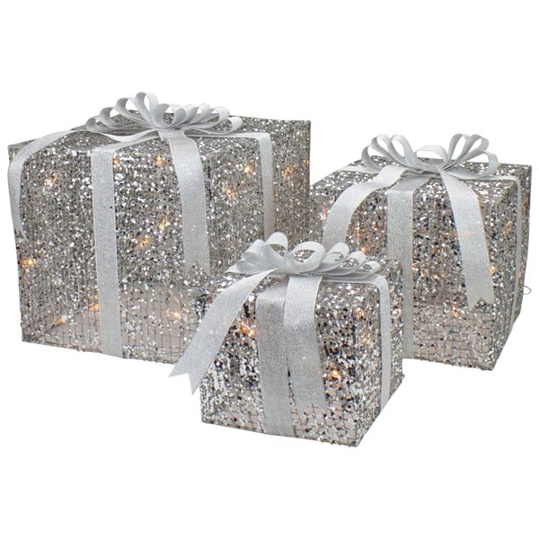 Set of 3 LED Lighted Silver Glitter Threaded Gift Boxes Outdoor Christmas Decoration