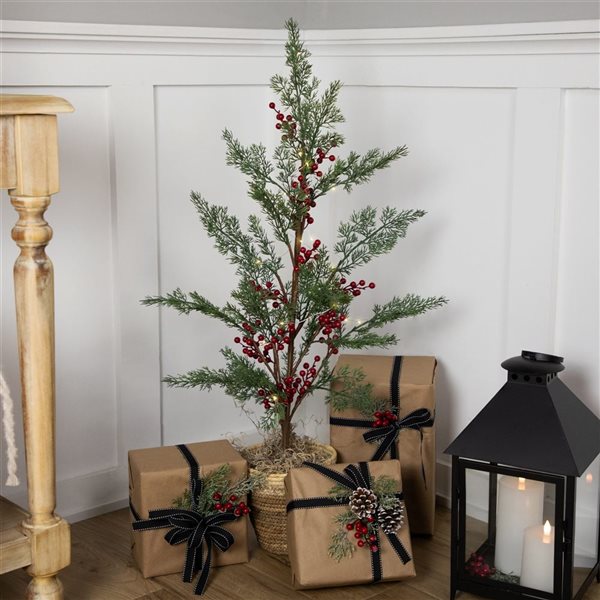 Pre-Lit Berries and Pine Artificial Potted Christmas Tree - 3-ft - Warm White LED Lights