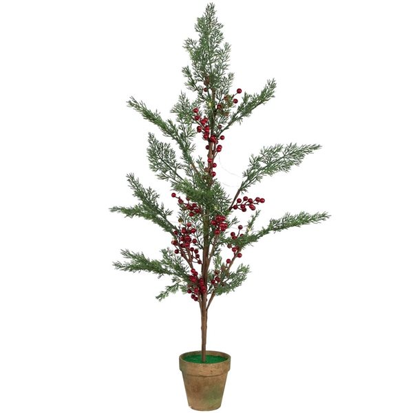 Pre-Lit Berries and Pine Artificial Potted Christmas Tree - 3-ft - Warm White LED Lights