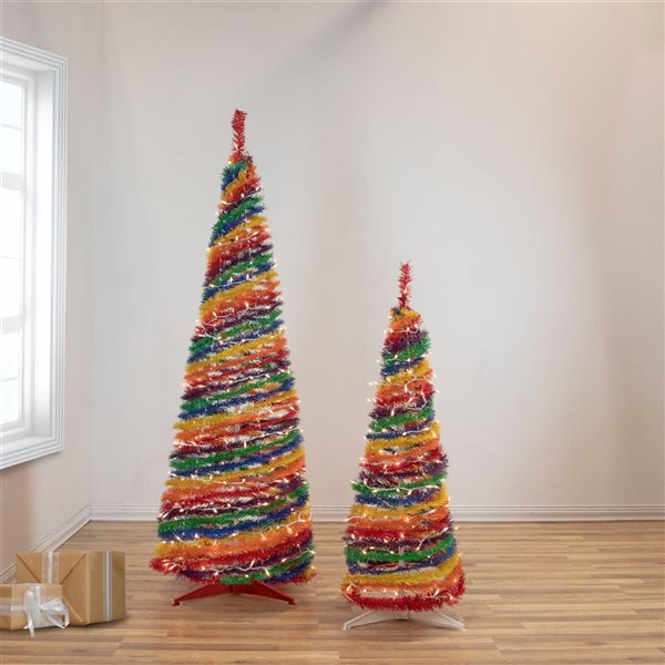 4-ft Pre-Lit Rainbow Tinsel Pop-Up Artificial Christmas Tree  Clear Lights