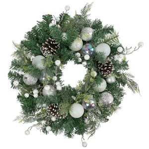 Green Pine Artificial Christmas Wreath with Berries and Iridescent Ornaments - 24-in