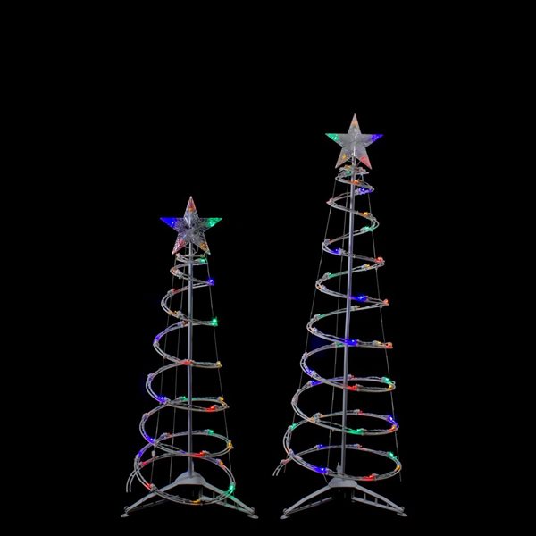 Set of 2 LED Lighted Multi-Color Outdoor Spiral Christmas Cone Trees 3-ft and 4-ft