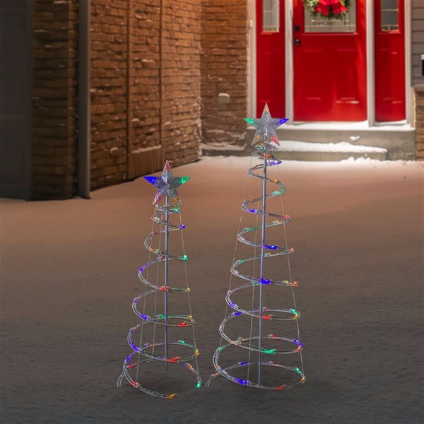 Set of 2 LED Lighted Multi-Color Outdoor Spiral Christmas Cone Trees 3-ft and 4-ft