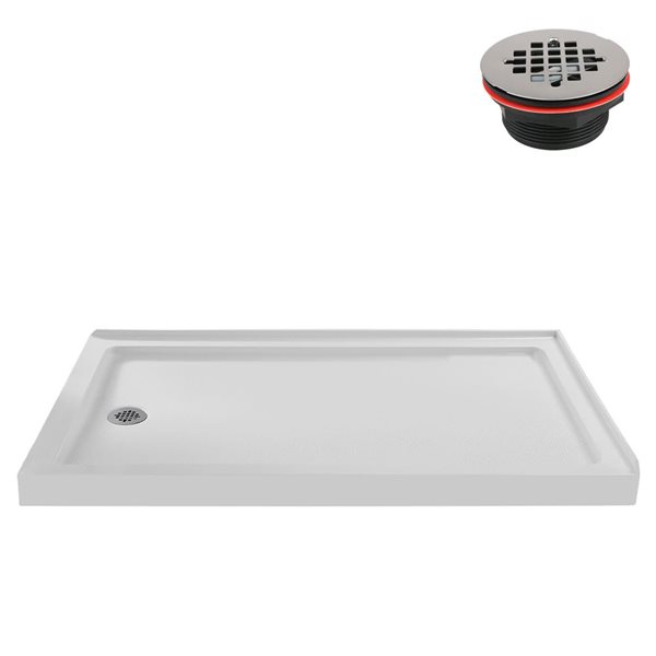 Base de douche d'angle Streamline en acrylique 60 po x 36 po blanc brillant avec drain à gauche et drain ABS inclus