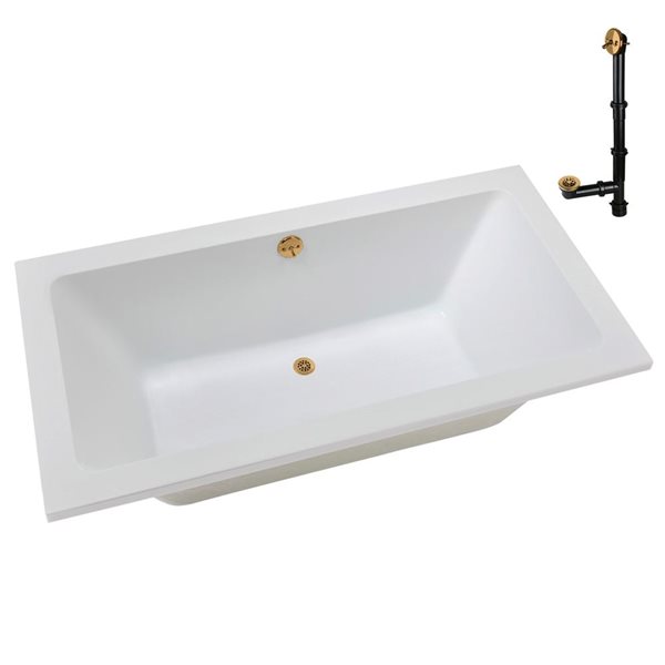 Streamline 66-in x 34-in Glossy Whit Acrylic Soaking Drop-In Bathtub with Brushed Gold External Drain