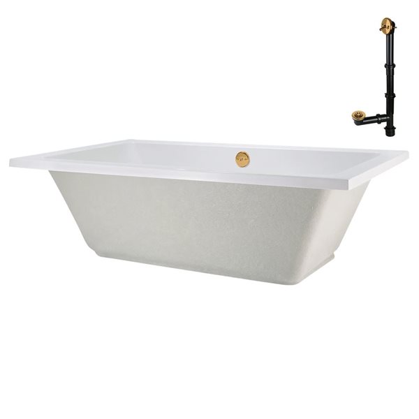 Streamline 66-in x 34-in Glossy Whit Acrylic Soaking Drop-In Bathtub with Brushed Gold External Drain