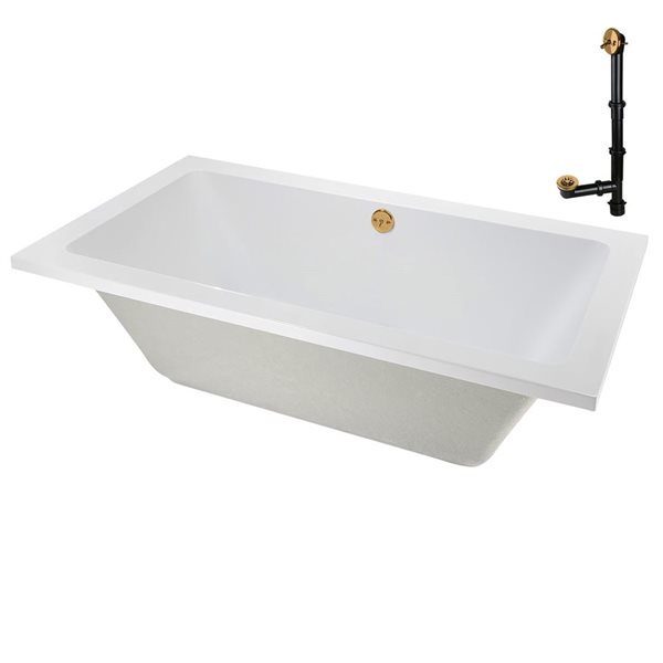 Streamline 66-in x 34-in Glossy Whit Acrylic Soaking Drop-In Bathtub with Brushed Gold External Drain